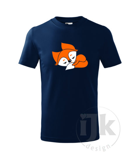 Detské tričko farba nočná modrá s potlačou, s bielou a oranžovou hladkou fóliou, s detským motívom malej líšky, so zvieracím vzorom a s krátkym rukávom.