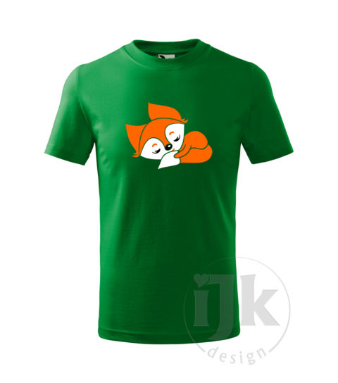 Detské tričko farba tmavá zelená s potlačou, s bielou a oranžovou hladkou fóliou, s detským motívom malej líšky, so zvieracím vzorom a s krátkym rukávom.