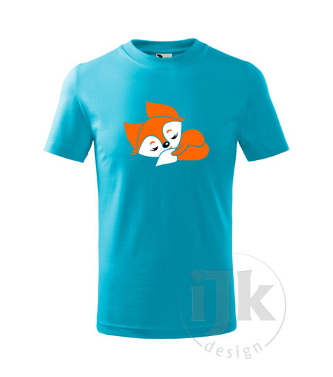 Detské tyrkysové tričko s potlačou, s bielou a oranžovou hladkou fóliou, s detským motívom malej líšky, so zvieracím vzorom a s krátkym rukávom.