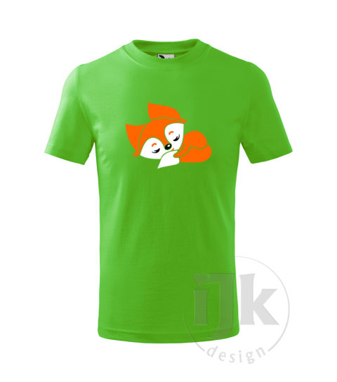 Detské tričko farba zelené jablko s potlačou, s bielou a oranžovou hladkou fóliou, s detským motívom malej líšky, so zvieracím vzorom a s krátkym rukávom.