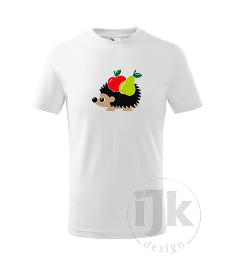 Detské biele tričko s potlačou, s čiernou zamatovou fóliou v kombinácii s červenou, orieškovou, čiernou, zelenou a limetkovou hladkou fóliou, s detským motívom ježka s ovocím (jablko a hruška), so zvieracím vzorom - ježko s ovocím a s krátkym rukávom.