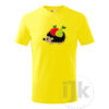 Detské citrónové tričko s potlačou, s čiernou zamatovou fóliou v kombinácii s červenou, orieškovou, čiernou, zelenou a limetkovou hladkou fóliou, s detským motívom ježka s ovocím (jablko a hruška), so zvieracím vzorom - ježko s ovocím a s krátkym rukávom.