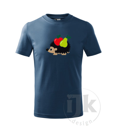 Detské denim tričko s potlačou, s čiernou zamatovou fóliou v kombinácii s červenou, orieškovou, čiernou, zelenou a limetkovou hladkou fóliou, s detským motívom ježka s ovocím (jablko a hruška), so zvieracím vzorom - ježko s ovocím a s krátkym rukávom.