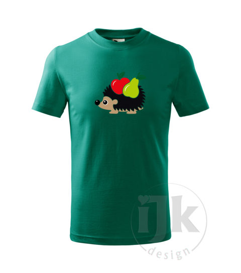 Detské smaragdové tričko s potlačou, s čiernou zamatovou fóliou v kombinácii s červenou, orieškovou, čiernou, zelenou a limetkovou hladkou fóliou, s detským motívom ježka s ovocím (jablko a hruška), so zvieracím vzorom - ježko s ovocím a s krátkym rukávom.