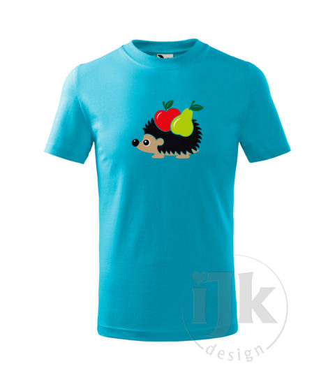 Detské tyrkysové tričko s potlačou, s čiernou zamatovou fóliou v kombinácii s červenou, orieškovou, čiernou, zelenou a limetkovou hladkou fóliou, s detským motívom ježka s ovocím (jablko a hruška), so zvieracím vzorom - ježko s ovocím a s krátkym rukávom.