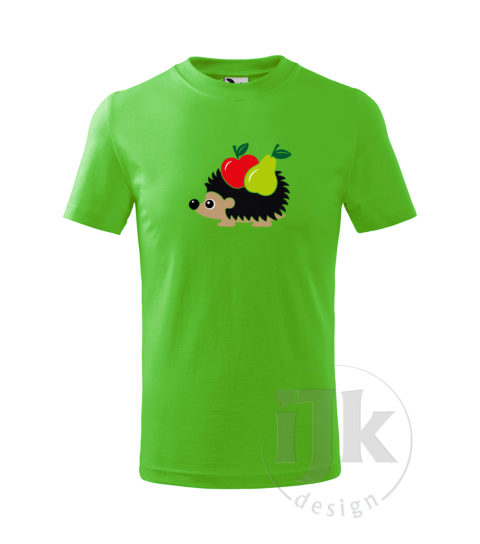 Detské tričko farba zelené jablko s potlačou, s čiernou zamatovou fóliou v kombinácii s červenou, orieškovou, čiernou, zelenou a limetkovou hladkou fóliou, s detským motívom ježka s ovocím (jablko a hruška), so zvieracím vzorom - ježko s ovocím a s krátkym rukávom.
