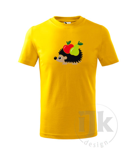 Detské žlté tričko s potlačou, s čiernou zamatovou fóliou v kombinácii s červenou, orieškovou, limetkovou, čiernou, zelenou a žltou hladkou fóliou, s detským motívom ježka s ovocím (jablko a hruška), so zvieracím vzorom - ježko s ovocím a s krátkym rukávom.