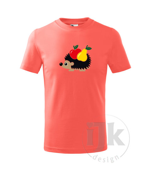 Detské korálové tričko s potlačou, s čiernou zamatovou fóliou v kombinácii s červenou, orieškovou, čiernou, zelenou a žltou hladkou fóliou, s detským motívom ježka s ovocím (jablko a hruška), so zvieracím vzorom - ježko s ovocím a s krátkym rukávom.