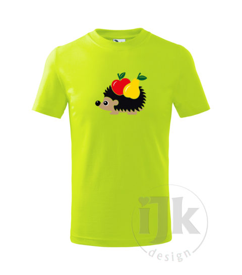 Detské limetkové tričko s potlačou, s čiernou zamatovou fóliou v kombinácii s červenou, orieškovou, čiernou, zelenou a žltou hladkou fóliou, s detským motívom ježka s ovocím (jablko a hruška), so zvieracím vzorom - ježko s ovocím a s krátkym rukávom.