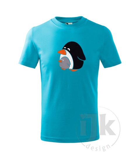 Detské tyrkysové tričko s potlačou, s bielou perleťovou a oranžovou hladkou fóliou v kombinácii s čiernou a sivou zamatovou fóliou , s detským motívom tučniakov, so zvieracím vzorom - tučniaci a s krátkym rukávom.