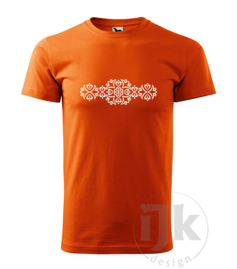 Pánske oranžové tričko s potlačou, s bielou hladkou fóliou, s folklórnym motívom z Detvy, s ľudovým vzorom z Detvy a s krátkym rukávom.