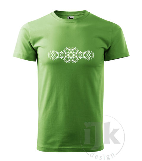 Pánske svetlé zelené tričko s potlačou, s bielou hladkou fóliou, s folklórnym motívom z Detvy, s ľudovým vzorom z Detvy a s krátkym rukávom.