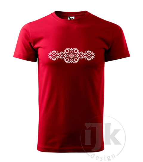 Pánske tmavé červené tričko s potlačou, s bielou hladkou fóliou, s folklórnym motívom z Detvy, s ľudovým vzorom z Detvy a s krátkym rukávom.