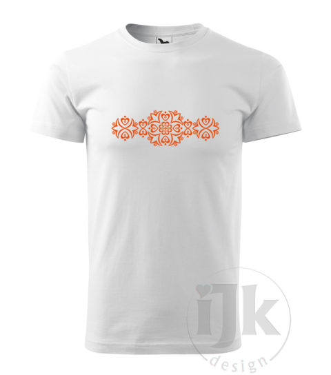 Pánske biele tričko s potlačou, s oranžovou hladkou fóliou, s folklórnym motívom z Detvy, s ľudovým vzorom z Detvy a s krátkym rukávom.