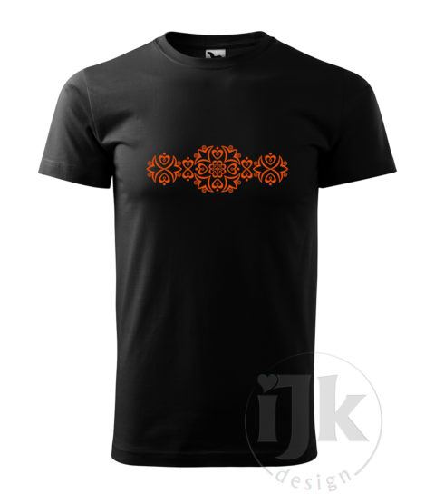 Pánske čierne tričko s potlačou, s oranžovou hladkou fóliou, s folklórnym motívom z Detvy, s ľudovým vzorom z Detvy a s krátkym rukávom.