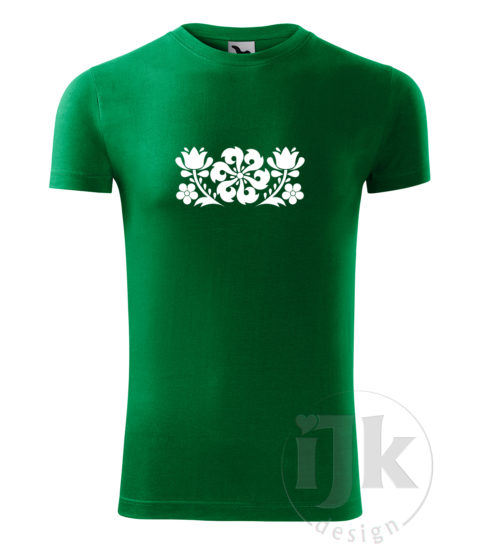 Pánske tričko farba tmavá zelená s potlačou, s bielou hladkou fóliou, s folklórnym motívom z Jablonice, s ľudovým vzorom z Jablonice a s krátkym rukávom.