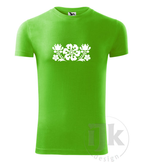Pánske tričko farba zelené jablko s potlačou, s bielou hladkou fóliou, s folklórnym motívom z Jablonice, s ľudovým vzorom z Jablonice a s krátkym rukávom.