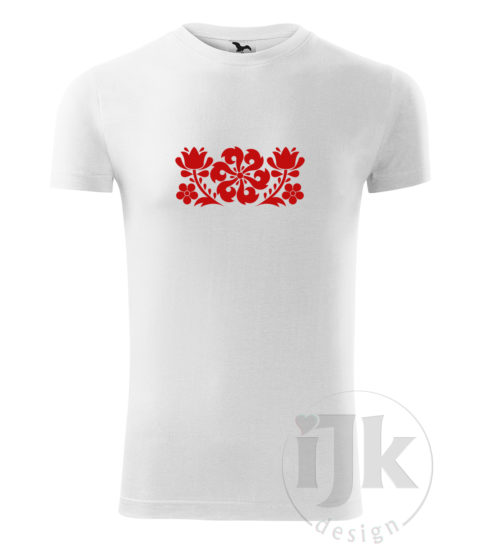 Pánske biele tričko s potlačou, s červenou hladkou fóliou, s folklórnym motívom z Jablonice, s ľudovým vzorom z Jablonice a s krátkym rukávom.