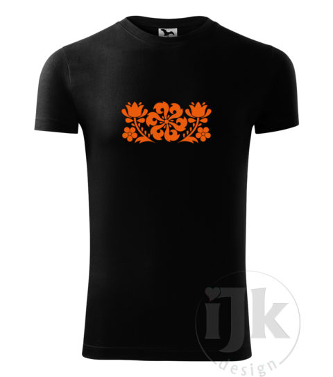 Pánske čierne tričko s potlačou, s oranžovou hladkou fóliou, s folklórnym motívom z Jablonice, s ľudovým vzorom z Jablonice a s krátkym rukávom.