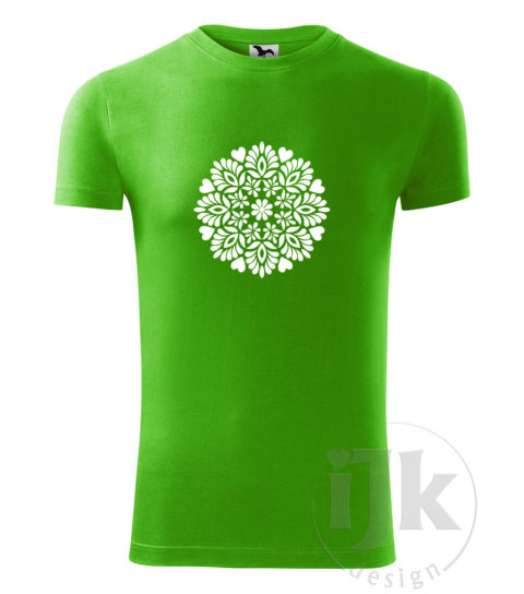 Pánske tričko farba zelené jablko s potlačou, s bielou hladkou fóliou, s folklórnym motívom z Čataja, s ľudovým vzorom z Čataja a s krátkym rukávom.
