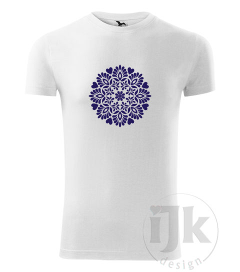 Pánske biele tričko s potlačou, s modrou hladkou fóliou, s folklórnym motívom z Čataja, s ľudovým vzorom z Čataja a s krátkym rukávom.