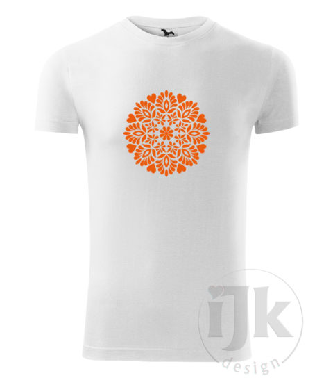 Pánske biele tričko s potlačou, s oranžovou hladkou fóliou, s folklórnym motívom z Čataja, s ľudovým vzorom z Čataja a s krátkym rukávom.