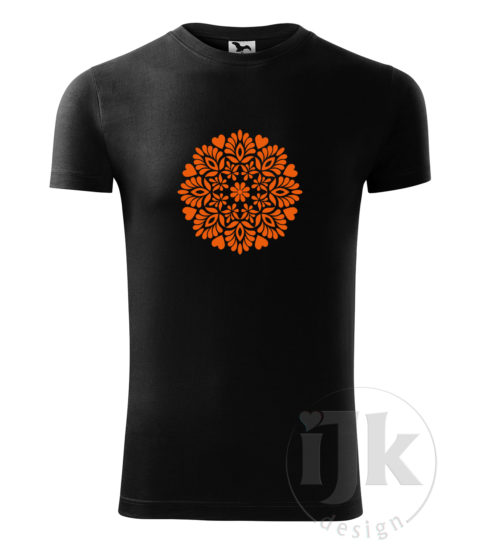 Pánske čierne tričko s potlačou, s oranžovou hladkou fóliou, s folklórnym motívom z Čataja, s ľudovým vzorom z Čataja a s krátkym rukávom.