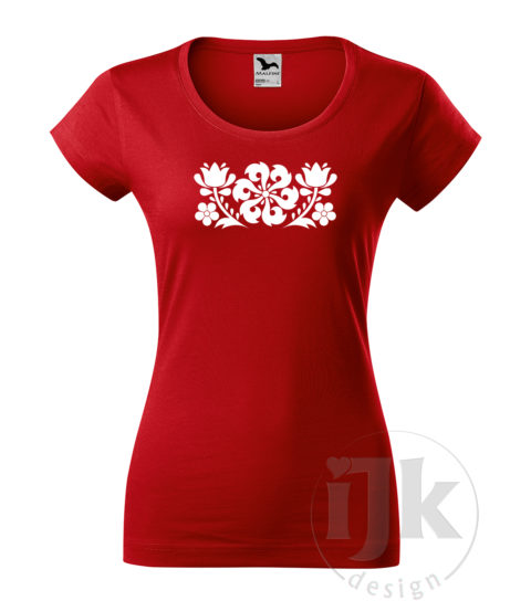Dámske červené tričko s potlačou, s bielou hladkou fóliou, s folklórnym motívom z Jablonice, s ľudovým vzorom z Jablonice a s krátkym rukávom.