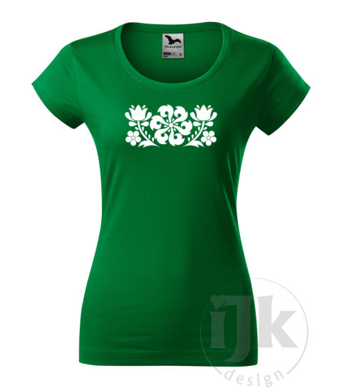 Dámske tričko farba tmavá zelená s potlačou, s bielou hladkou fóliou, s folklórnym motívom z Jablonice, s ľudovým vzorom z Jablonice a s krátkym rukávom.