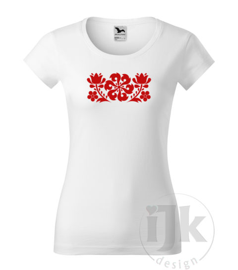 Dámske biele tričko s potlačou, s červenou hladkou fóliou, s folklórnym motívom z Jablonice, s ľudovým vzorom z Jablonice a s krátkym rukávom.