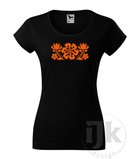 Dámske čierne tričko s potlačou, s oranžovou hladkou fóliou, s folklórnym motívom z Jablonice, s ľudovým vzorom z Jablonice a s krátkym rukávom.