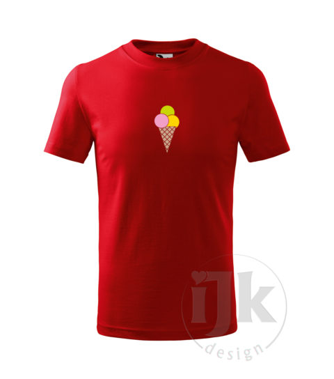 Detské červené tričko s potlačou, s ružovou, limetkovou, žltou a orieškovou hladkou fóliou, s motívom zmrzliny (chladné letné osvieženie), so vzorom - troch porcií zmrzliny v kornútku a s krátkym rukávom.
