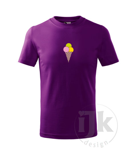 Detské fialové tričko s potlačou, s ružovou, limetkovou, žltou a orieškovou hladkou fóliou, s motívom zmrzliny (chladné letné osvieženie), so vzorom - troch porcií zmrzliny v kornútku a s krátkym rukávom.