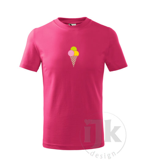 Detské malinovoružové tričko s potlačou, s ružovou, limetkovou, žltou a orieškovou hladkou fóliou, s motívom zmrzliny (chladné letné osvieženie), so vzorom - troch porcií zmrzliny v kornútku a s krátkym rukávom.