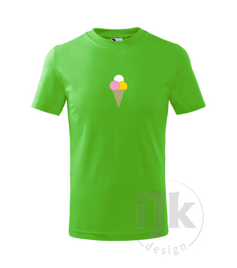 Detské tričko farba zelené jablko s potlačou, s ružovou, žltou, bielou a orieškovou hladkou fóliou, s motívom zmrzliny (chladné letné osvieženie), so vzorom - troch porcií zmrzliny v kornútku a s krátkym rukávom.