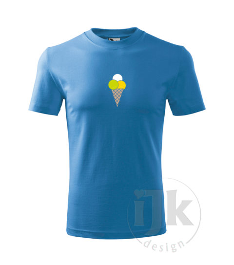 Detské modré tričko s potlačou, s limetkovou, žltou, bielou a orieškovou hladkou fóliou, s motívom zmrzliny (chladné letné osvieženie), so vzorom - troch porcií zmrzliny v kornútku a s krátkym rukávom.