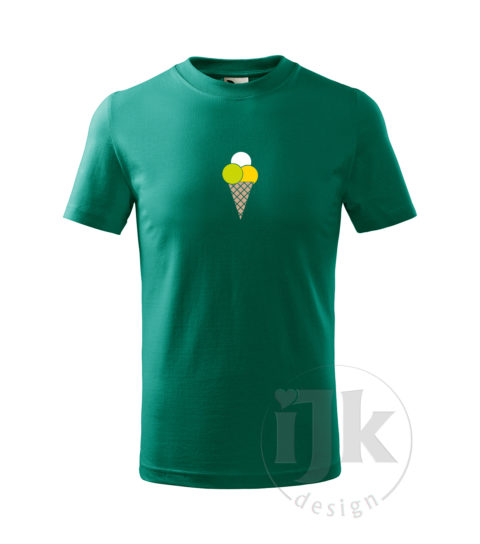 Detské smaragdové tričko s potlačou, s limetkovou, žltou, bielou a orieškovou hladkou fóliou, s motívom zmrzliny (chladné letné osvieženie), so vzorom - troch porcií zmrzliny v kornútku a s krátkym rukávom.