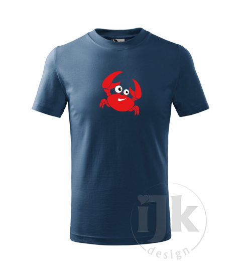 Detské denim tričko s potlačou, s červenou, čiernou a bielou hladkou fóliou, s motívom červeného morského kraba, so zvieracím vzorom - krab a s krátkym rukávom.
