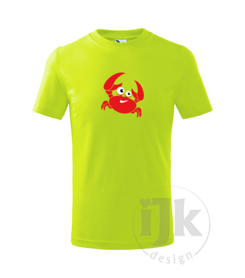 Detské limetkové tričko s potlačou, s červenou, čiernou a bielou hladkou fóliou, s motívom červeného morského kraba, so zvieracím vzorom - krab a s krátkym rukávom.