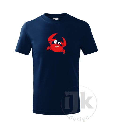 Detské tričko farba nočná modrá s potlačou, s červenou, čiernou a bielou hladkou fóliou, s motívom červeného morského kraba, so zvieracím vzorom - krab a s krátkym rukávom.