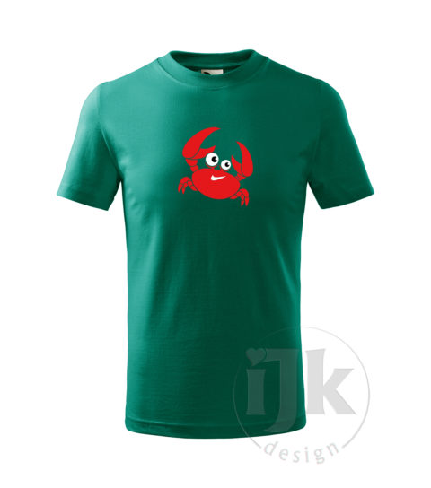 Detské smaragdové tričko s potlačou, s červenou, čiernou a bielou hladkou fóliou, s motívom červeného morského kraba, so zvieracím vzorom - krab a s krátkym rukávom.