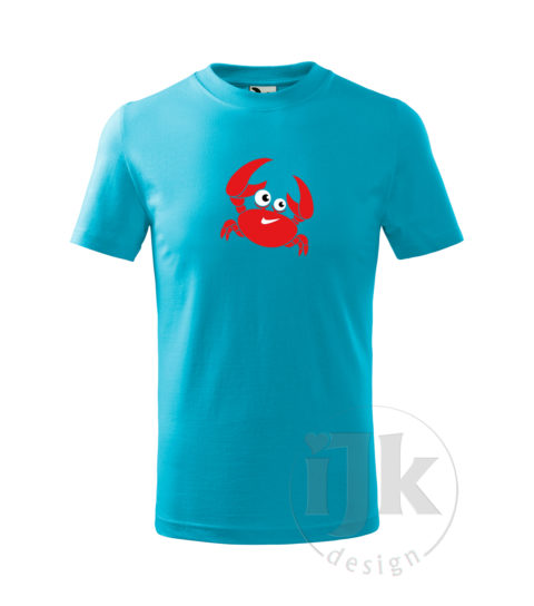 Detské tyrkysové tričko s potlačou, s červenou, čiernou a bielou hladkou fóliou, s motívom červeného morského kraba, so zvieracím vzorom - krab a s krátkym rukávom.