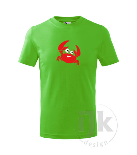 Detské tričko farba zelené jablko s potlačou, s červenou, čiernou a bielou hladkou fóliou, s motívom červeného morského kraba, so zvieracím vzorom - krab a s krátkym rukávom.