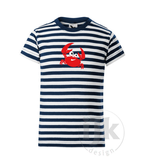 Detské pásikavé modrobiele tričko s potlačou, s červenou, čiernou a bielou hladkou fóliou, s motívom červeného morského kraba, so zvieracím vzorom - krab a s krátkym rukávom.