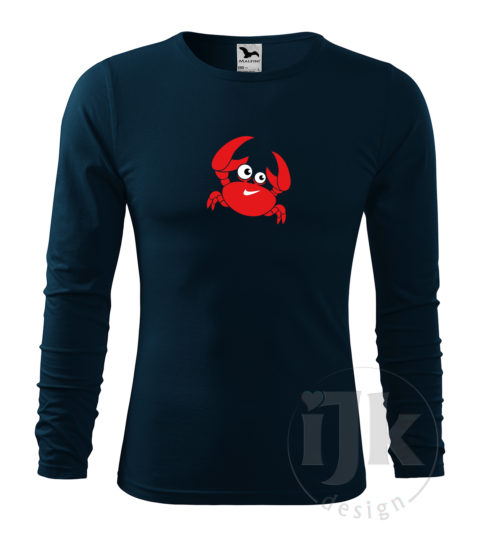 Pánske tmavomodré bavlnené tričko s potlačou, s červenou, čiernou a bielou hladkou fóliou, s motívom červeného morského kraba, so zvieracím vzorom - krab a s dlhým rukávom.