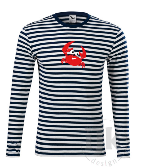 Pánske pasikavé modrobiele bavlnené tričko s potlačou, s červenou, čiernou a bielou hladkou fóliou, s motívom červeného morského kraba, so zvieracím vzorom - krab a s dlhým rukávom.