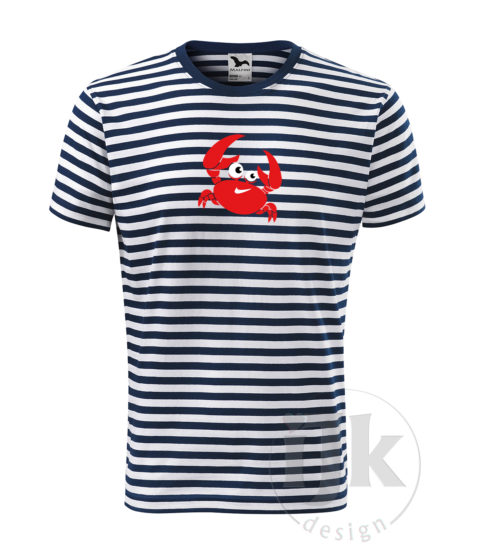 Pánske pasikavé modrobiele bavlnené tričko s potlačou, s červenou, čiernou a bielou hladkou fóliou, s motívom červeného morského kraba, so zvieracím vzorom - krab a s krátkym rukávom.