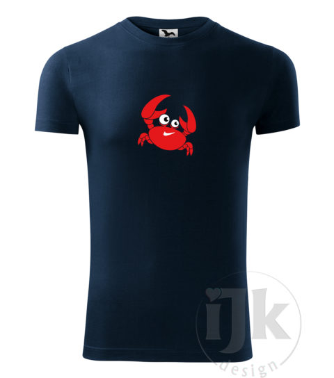 Pánske tmavomodré bavlnené tričko s potlačou, s červenou, čiernou a bielou hladkou fóliou, s motívom červeného morského kraba, so zvieracím vzorom - krab a s krátkym rukávom.