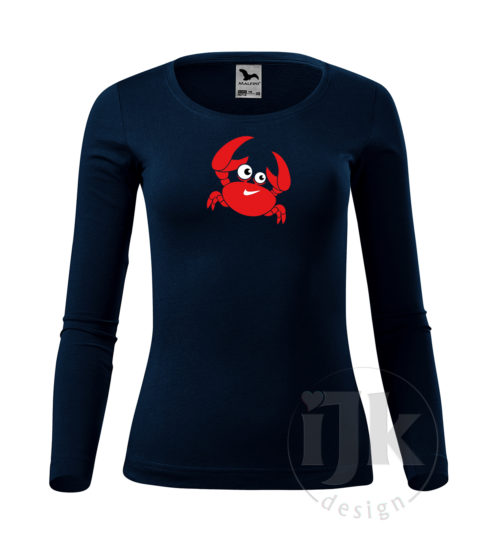 Dámske tmavomodré bavlnené tričko s potlačou, s červenou, čiernou a bielou hladkou fóliou, s motívom červeného morského kraba, so zvieracím vzorom - krab a s dlhým rukávom.