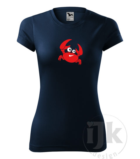 Dámske tmavomodré funkčné tričko s potlačou, s červenou, čiernou a bielou hladkou fóliou, s motívom červeného morského kraba, so zvieracím vzorom - krab a s krátkym rukávom.